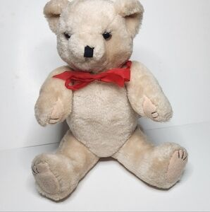 Vintage Teddy Bear 12" Jointed/posable Beige with red ribbon